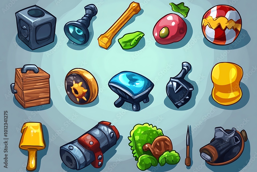 Poster cartoon game assets, 16 colorful objects for ui design