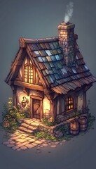 Fototapeta premium Charming cottage with smoke coming from chimney, stone path, lantern, barrels, and green vines in front. Concept of rustic home, cozy living, fantasy