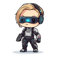 Cute chibi girl gamer with headphones and futuristic gun,  vector illustration