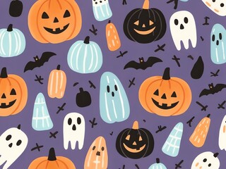 Cute Halloween Pattern with Pumpkins, Ghosts, and Bats