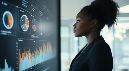 A professional woman in business attire stands before an interactive digital wall displaying various graphs and charts with data visualization graphics.