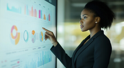 A professional woman in business attire stands before an interactive digital wall displaying various graphs and charts with data visualization graphics.