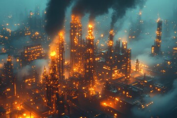 Obraz premium An aerial view of an industrial complex at night, shrouded in smoke and fog, with flames and lights illuminating the scene.
