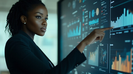 A professional woman in business attire stands before an interactive digital wall displaying various graphs and charts with data visualization graphics.