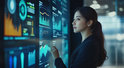 A professional woman in business attire stands before an interactive digital wall displaying various graphs and charts with data visualization graphics.