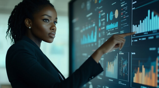 A professional woman in business attire stands before an interactive digital wall displaying various graphs and charts with data visualization graphics.