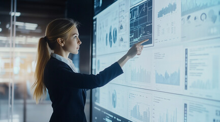 A professional woman in business attire stands before an interactive digital wall displaying various graphs and charts with data visualization graphics.