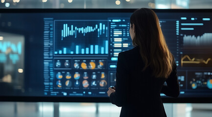 A professional woman in business attire stands before an interactive digital wall displaying various graphs and charts with data visualization graphics.