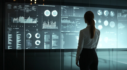 A professional woman in business attire stands before an interactive digital wall displaying various graphs and charts with data visualization graphics.