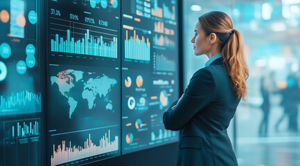 A professional woman in business attire stands before an interactive digital wall displaying various graphs and charts with data visualization graphics.