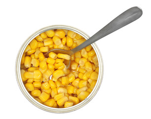 Yellow cooked wet corn in open tin can isolated on white, top view