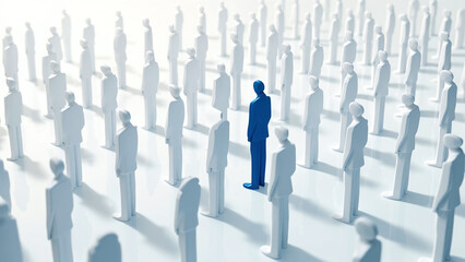 Unique Blue Figure Among White Silhouettes