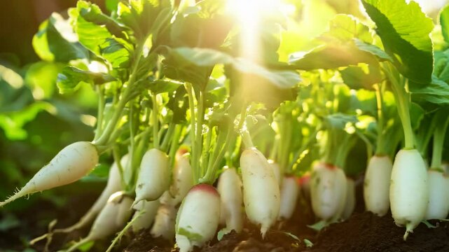 Close up white radish plantation, Napiform root growth with shine sun light