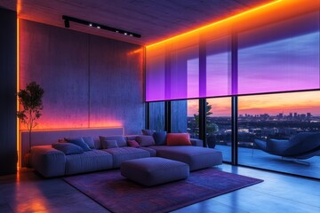 Modern living room with large windows, a sectional sofa, a rug, and a cityscape view. Colorful LED lights illuminate the room and the window blinds.