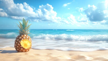 Obraz premium Beach scene with a pineapple and wide copy space, ideal for summer holidays backgrounds and festive vacation content