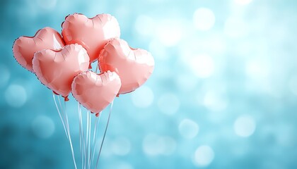 Blue background featuring pink heartshaped balloons, providing plenty of copy space for romantic love cards and wedding invitations