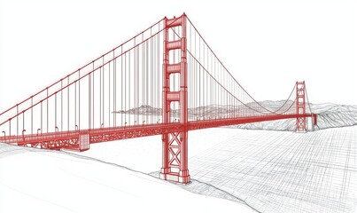 PNG watercolor illustration of the Golden Gate Bridge, San Francisco's architecture, transparent background