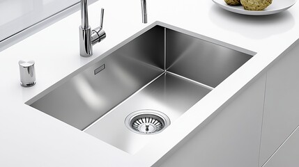 A modern stainless steel kitchen sink with a sleek design and a high-arc faucet is displayed against a clean white background, highlighting its contemporary features and functionality. This stylish si
