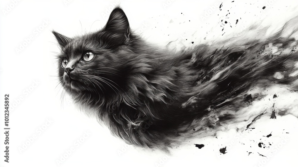 Sticker A black cat with white spots and splatters on its face, AI