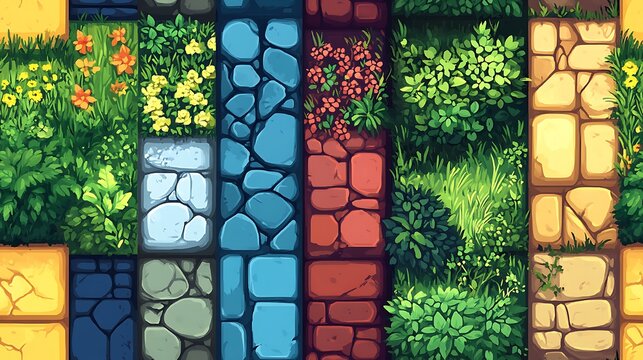 Top down seamless tile set for game design with grass, cobblestone, stone paths, flowers, and bushes