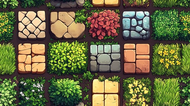 2D Pixel Art Grass, Stone, and Flowers Tile Set for Game Development
