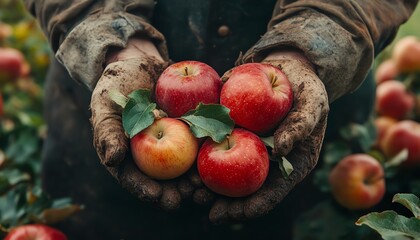 Closeup view of red apples being picked by seasoned farmer hands, showcasing the organic food harvest and farming practices