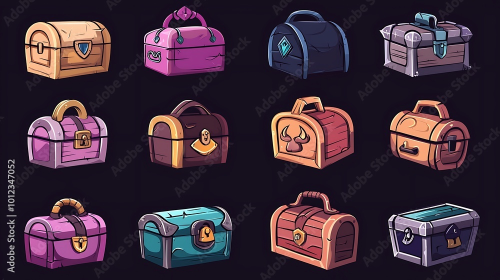 Poster set of cartoon treasure chests with keys, game ui elements
