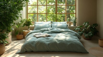 A  bedroom with a large window overlooking a lush green garden, featuring a comfortable bed with a light green duvet cover and a warm blanket, and potted plants.