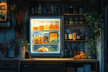 A well-stocked kitchen with a refrigerator full of fresh produce, jars of preserved food, and bottles of wine.