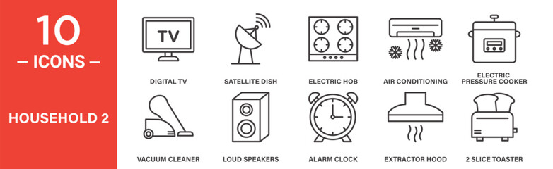 Household Icon Set with Various Home Appliances in Outline Style