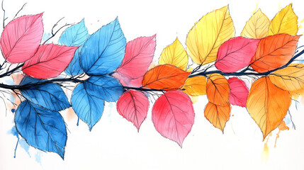 Fototapeta premium Watercolor painting of colorful leaves on a branch.