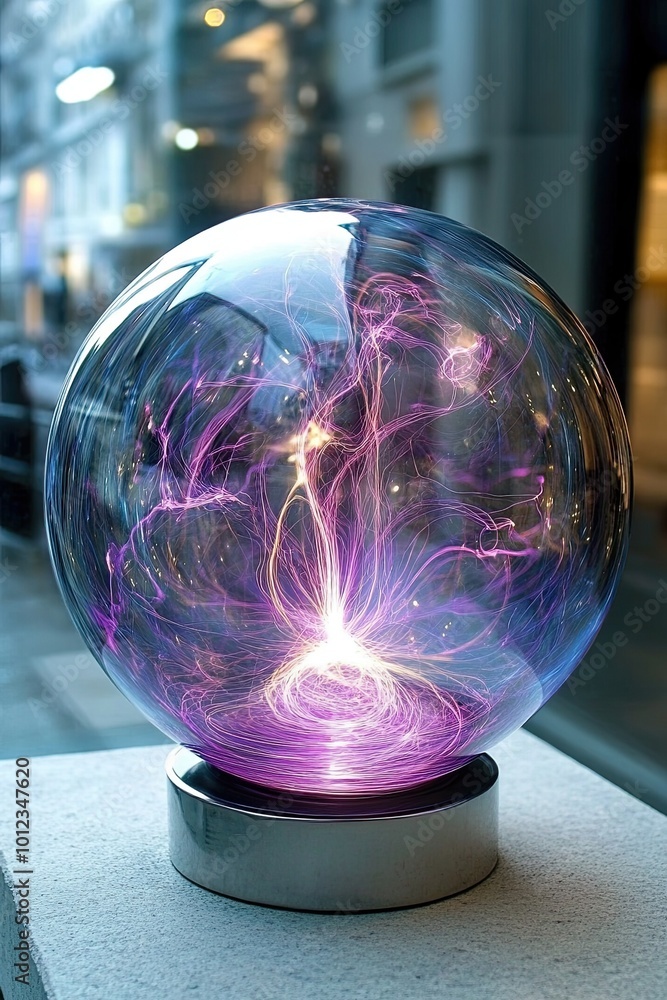 Poster vibrant sphere visualizing sound waves in a dynamic city setting during daylight hours