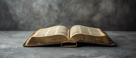 Holy book open on a grey background, featuring a copy space banner for adding religious or inspirational text