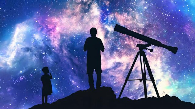 Silhouette kids and father watching milky way using telescope