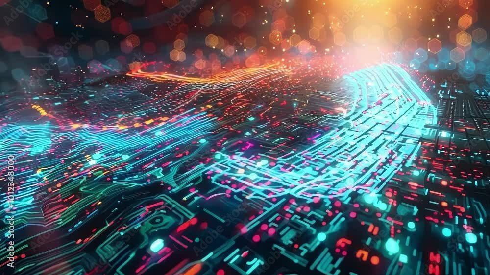 Poster abstract 3d illustration of a circuit board with glowing lights, representing the flow of digital in