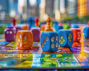 Fototapeta premium Board games with dynamic scenes, playful and inviting, Urban, Bright hues, Photograph, Game night