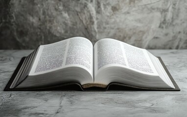Obraz premium Open holy book on a grey surface, with a copy space banner for adding meaningful text or religious messages