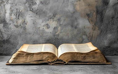 Open holy book on a grey surface with clear copy space banner, perfect for adding quotes or inspirational religious text