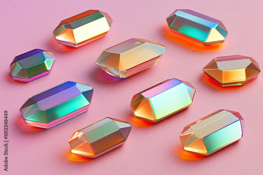Poster colorful chrome effect abstract shapes scattered on a soft pink background with soft lighting