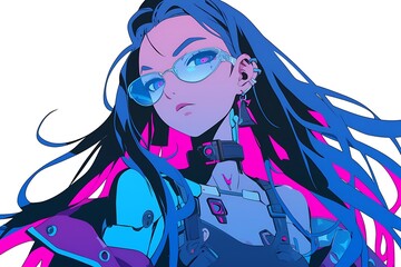 Cyberpunk Anime Girl with Glasses and Piercings, Futuristic Digital Art
