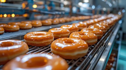 Freshly glazed donuts on a conveyor belt in a bakery