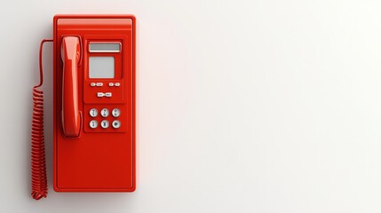 A vibrant red payphone with a glass front stands out against a clean white background, highlighting its nostalgic charm. This iconic piece of retro technology evokes memories of simpler times and urba