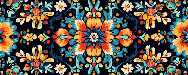 Vibrant and colorful seamless pattern background based on traditional Mexican textile motifs and designs