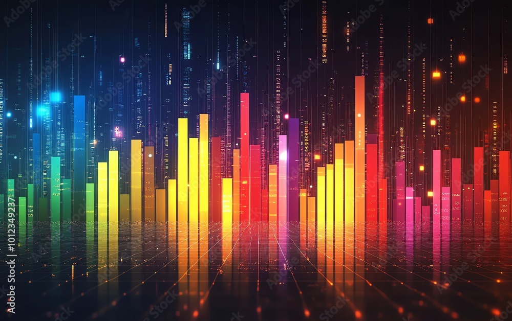 Poster bright and colorful bar charts with fluctuating values for stock market investment analysis or vibra