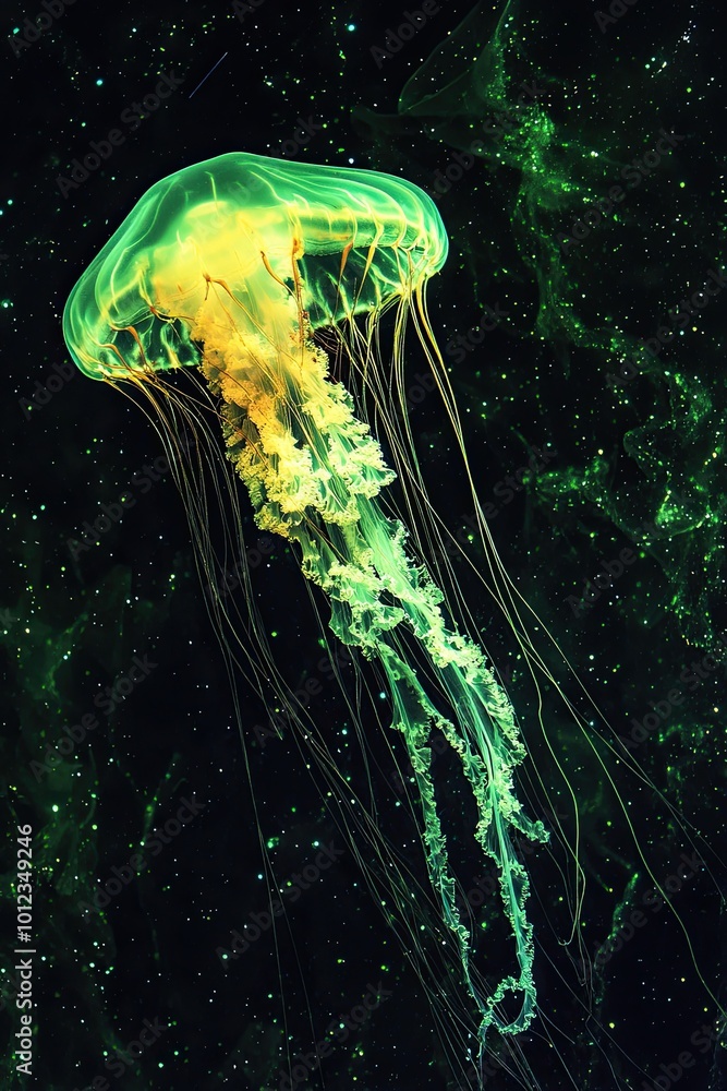 Poster Vibrant Jellyfish Gliding Through a Cosmic Space of Harmonious Colors and Patterns
