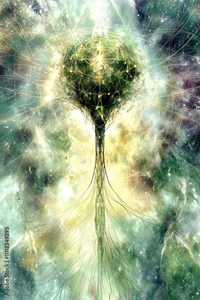Poster Harmony of Colors and Sacred Geometry in a Cosmic Landscape With Ethereal Jellyfish