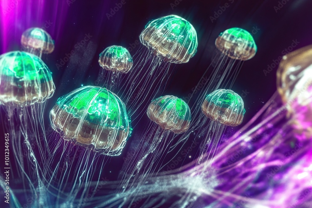 Aufkleber Colorful Jellyfish Floating in Outer Space Surrounded by Vibrant Ethereal Patterns at Twilight