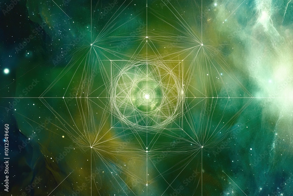 Poster high vibrational jellyfish in a cosmic setting featuring sacred geometry and harmonious colors