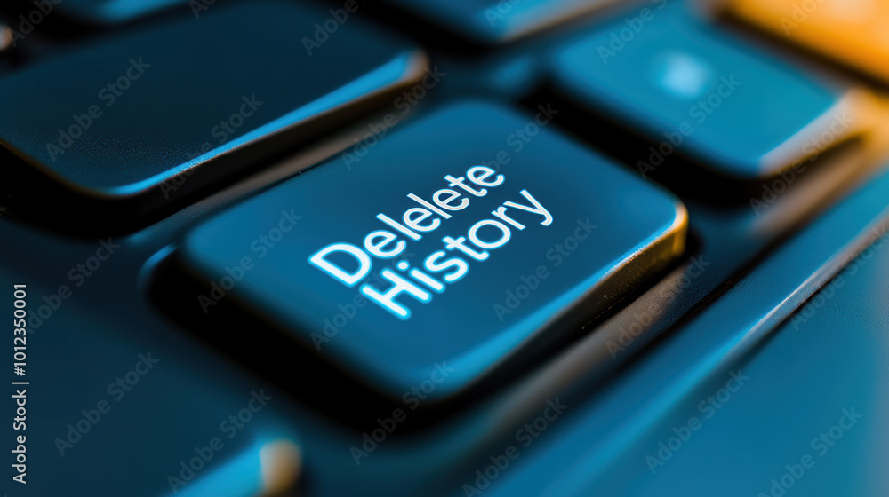 Poster a close up of a computer keyboard with the word deleterate history on it, ai