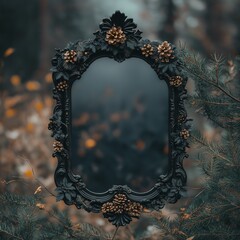An intricately designed mirror with floral motifs hangs in a misty, autumnal forest, surrounded by pine branches and leaves. Autumn season background.	